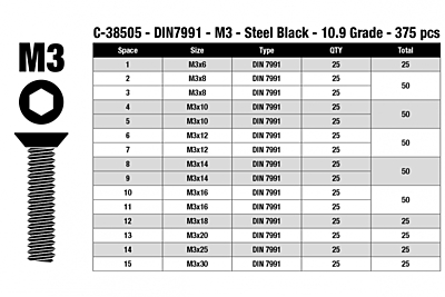 Corally Steel M3 Hex Flat Head Screw Set (375pcs)