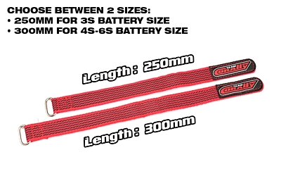 Corally Pro Battery Straps 350x20mm Metal Buckle - Silicone Anti-Slip Strings (Red, 2pcs)