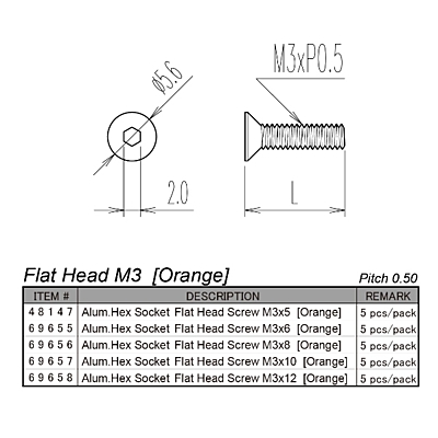 Hiro Seiko Alloy Hex Socket Flat Head Screw M3x8 (Orange·5pcs)